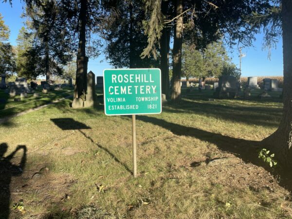 Sign for Rosehill Cemetery, Volinia Township.